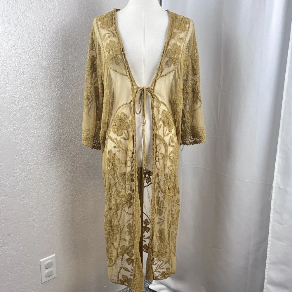 Entro Duster Cardigan Womens Medium Floral Embroidery Mesh Fairy Festival Boho